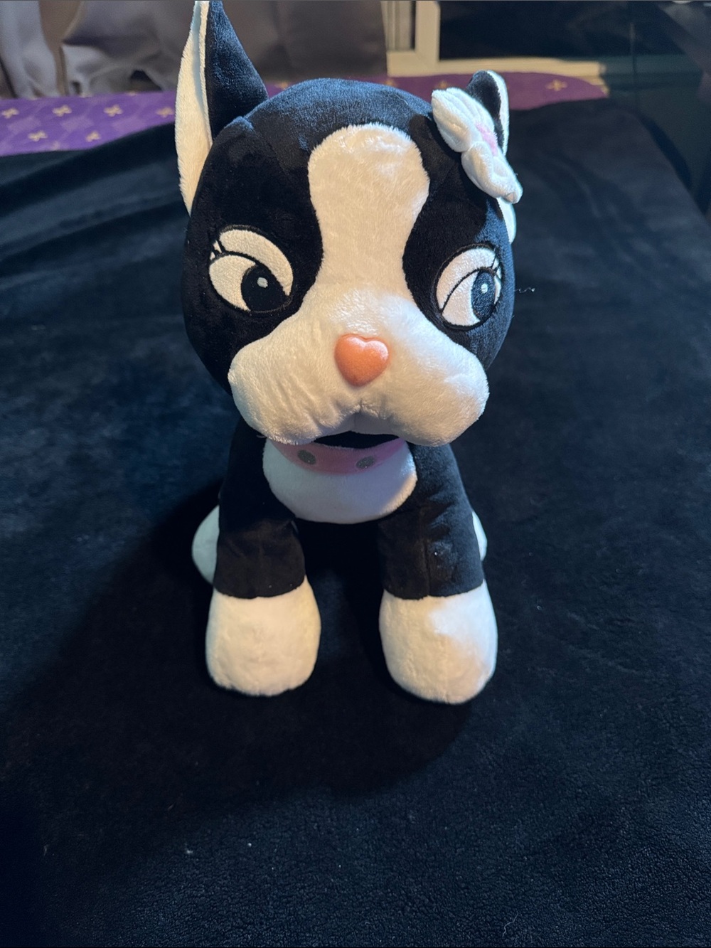 Build-A-Bear Black and White Plush Cat with Pink Heart Nose and Flower